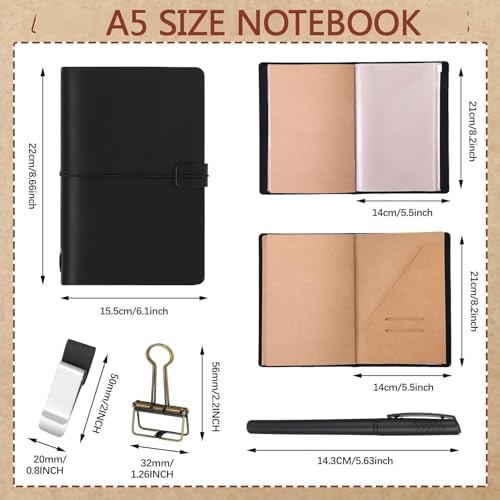 Thenshop Leather Travel Notebook 3 Inserts,Black,A5 Size