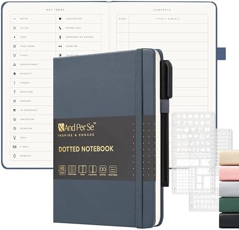 &And Per Se Dotted Notebook with Pen, 176 Numbered Dotted Pages, A5 Hardcover, Journal Stencils & Fineliner Pen for Beginners Women Men (Dark Blue)