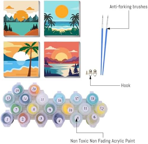 FQOVKYN 4 Framed Landscape DIY Paint by Numbers Kit for Adults Beginner, Sunset Easy Painting by Number with Frame, Acrylic Paint Kit Arts and Crafts for Adults for Decor 8x8inch