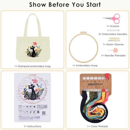ERKOON Canvas Tote Bag Embroidery Kit for Beginners, Floral Arts Crafts Cross Stitch Kits for Adults Including Stamped Embroidery Bag with Hoops, Needle, Instruction and Color Threads (Cat)