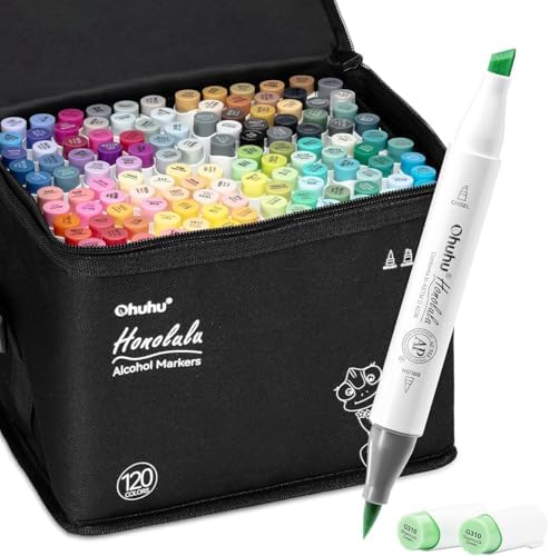Ohuhu Alcohol Markers Brush Tip -Double Tipped Art Marker Set for Artist Adults Coloring Illustration - 120 Colors- Brush & Chisel Dual Tips- Honolulu of Ohuhu Markers- Refillable Alcohol-based Ink | AP Certified Alcohol-based Drawing Markers for Artis...