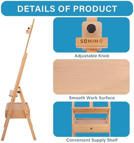 Large Beechwood H-Frame Studio Easel Stand with Storage Drawer, Natural | Height Adjustable to 35Inches High, Suitable for Painting, Sketching and Displaying