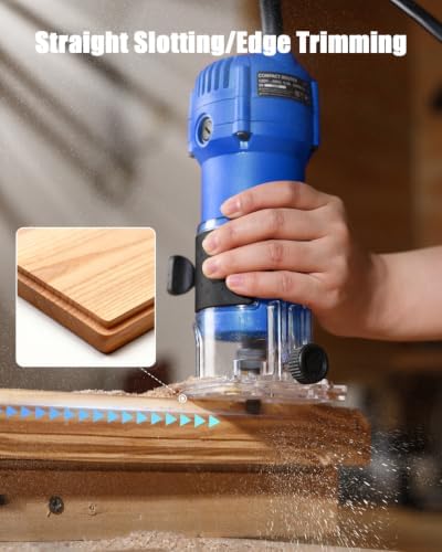 AVID POWER 630W 5.3 Amp Wood Router Tool with Fixed Base Compact Router for Woodworking, 35,000 RPM, 1/4” collet & 5 Trim Bits, Straight & Roller Guide, 2 Wrenches and Carbon Brushes - Blue