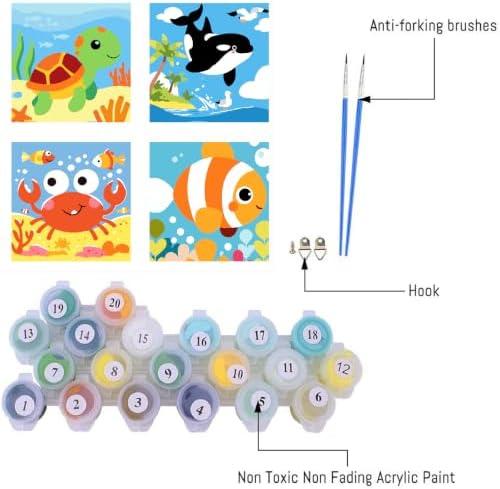 FQOVKYN 4 Pack Paint by Numbers Kit for Kids with Frame, Cute Marine Animals Kids Paint by Numbers Ages 4-6-8, Easy DIY Acrylic Oil Painting by Number for Gift Home Wall Decor(8x8 inch)