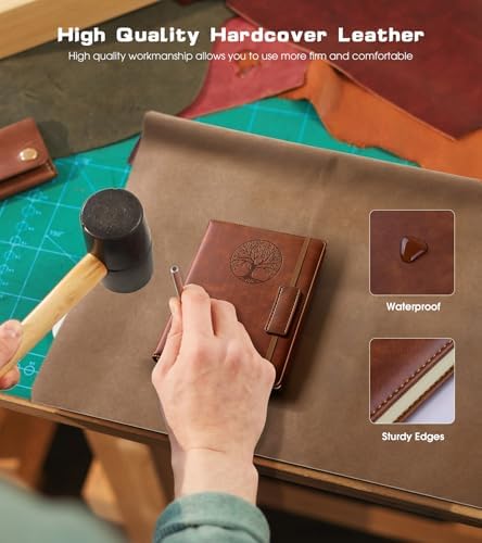 Biuwory A6 Leather Pocket Notebook, 140 Lined Pages Hardcover Small Journal | 3.7"×5.7" Vintage Leather Journal for Women Men Writing, College Ruled Mini Notepad for Notetaking, Travel, Work, School