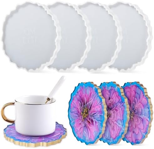 LET'S RESIN 4Pcs Resin Coaster Molds, Druzy Geode Agate Silicone Coaster Molds for Epoxy Resin, 5Inches Large Mould for DIY Art Craft Cup Mats, Durable and Flexible Moulds | Epoxy Molds for Epoxy Resin, Large Mould for DIY Art Craft Cup Mats, Durable a...