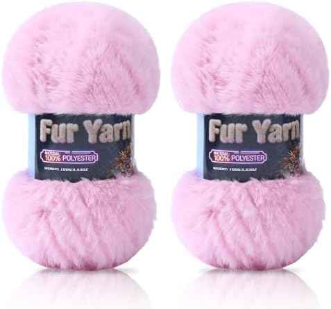 Faux Fur Yarn Soft Fluffy for Crocheting - 2 Skeins(Each 3.5oz/100g, 71yd/65m) - Chunky & Fluffy Yarn for Crochet Amigurumi, Blankets, Hand Knitting, Scarves &Crafts (2, Pink)