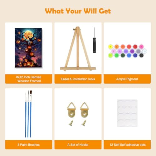 MOGTAA Halloween Paint by Numbers Kit for Adults Beginners with Frame, Pumpkin Tree Adult Paint by Number Kits on Canvas with Easel, Easy DIY Landscape Oil Painting Kits for Home Decor, 8x12in