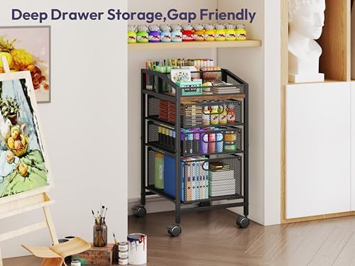 SWTYMIKI Rolling Utility Cart with Drawers - Under Desk Storage Cart with DIY Divider & Lockable Wheels, Multi-Functional Craft Art Supply Organizer for Office, Vanity, Craft Room & Studio Black