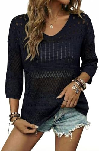 EVALESS Crochet Tops for Women Hollow Out Knit Sweaters