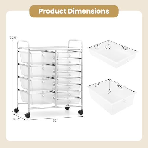 LDAILY 12 Drawer Rolling Storage Cart, Rolling Cart with Drawers for Classroom, Art Supply Craft Organizer on Wheel with Metal Frame & Handles for Home Office School (Clear, 12 Drawer Left-Right)