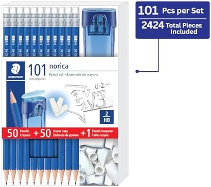 STAEDTLER Norica Pencil Set 50 Pencils + 50 Eraser Caps + Sharpener 24 Pack