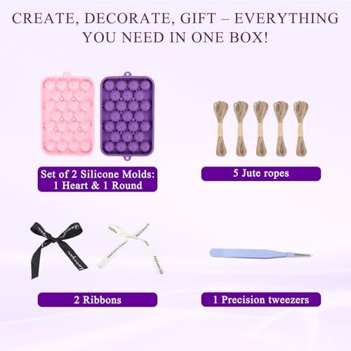 DIY Soap Making Kit Soap Molds, 2 Pack Heart & Circle Molds with Hemp Rope, Black & White Ribbon for Handmade Soap (Soap Base Not Included), Teacher Appreciation, Back to School, Wedding Gift