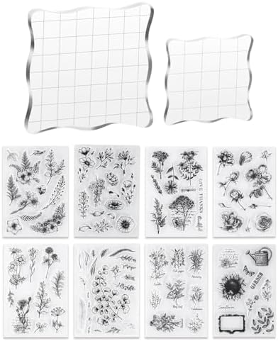 8Pcs Botanical Clear Stamps Set with 2 Acrylic Stamp Blocks for Card Making