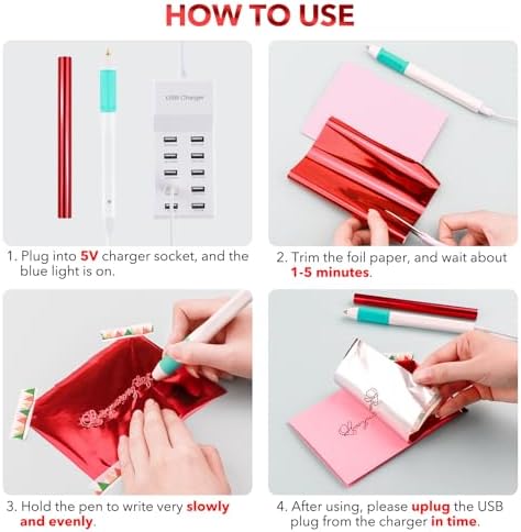 CYFUN DESIGN Hot Foil Roll & Hot Heated Foil Pens Set, Foil Quill Tool Freestyle Starter Kit, Includes 1 USB Heat Foil Pen and 6 PCS 5.9inch x 4.26feet Foil Rolls for Card Making Craft Stamping