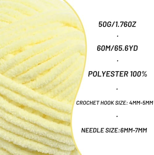 Plush Chenille Chunky Crochet Yarn - Baby Yarn for Crocheting Soft - Velvet Yarns Knitting for Blankets Crafts - Fluffy Amigurumi Yarns 50g / 65.6yd (Lemon Yellow)