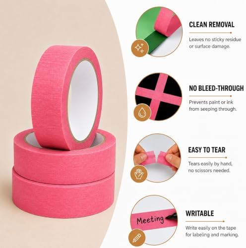 Pink Painters Tape 1 Inch Wide, 25 Yards x 3 Rolls Pink Masking Tape