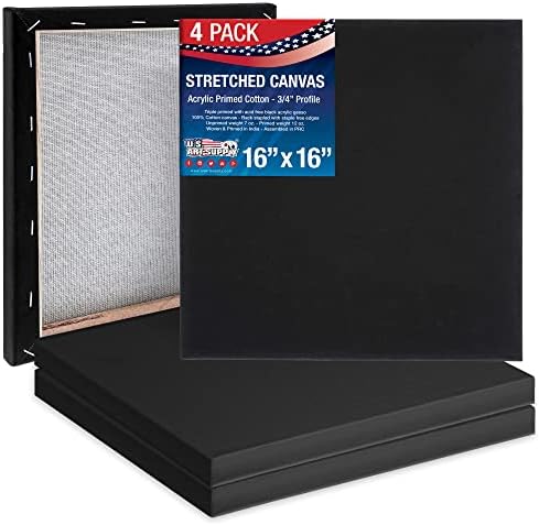 U.S. Art Supply 16"x16" Black Stretched Canvas for Painting, 3/4", 4-Pack