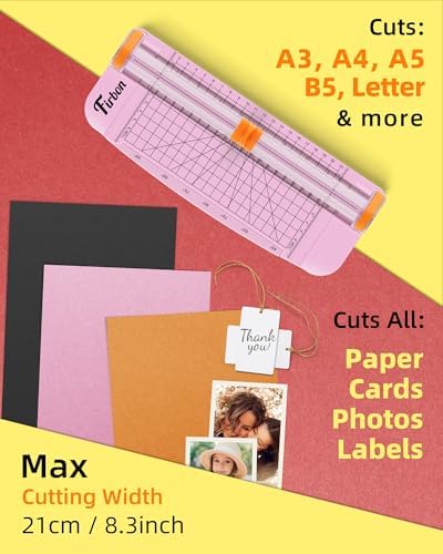 Firbon A5 Paper Cutter, Small Straight Paper Trimmer with Side Ruler | Pink compact design | Cuts photo, cardstock, labels & coupons | Portable desktop slicer | Scrapbooking & craft projects