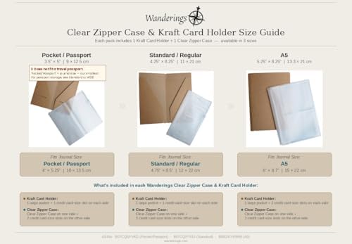 WANDERINGS Clear Zipper Case and Kraft Card Holder for Refillable Travel Journals - 3.5" x 5" (9 x 12.5cm) - Pocket / Passport Size