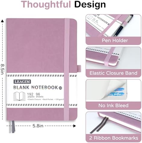 Blank Journal Notebook, A5, 192 Pages 100 GSM Thick Sketch Book for Women Men, Hardcover Leather Unlined Journaling for Work, Notebooks for Writing, 5.8 inches x 8.5 inches (Pink)