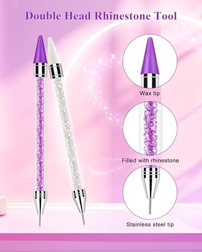 Rhinestone Picker Tool, Wax Pencil for Rhinestones Tool, Dual-ended DIY Nail Bedazzling Tools With 2 Extra Purple and 2 Extra White Replaceable Wax Head and 1 Tweezer(Purple and White)