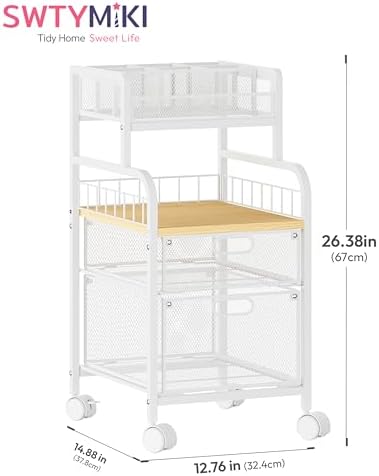 SWTYMIKI Rolling Cart with Drawers - Metal Craft Cart with Wheels, DIY Divider and Wood Shelf, Art Supply Organizer for Under Desk Storage, Utility Storage Cart for Home Office Studio, White