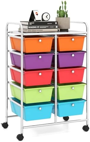 LDAILY 10 Drawer Rolling Cart, Storage Cart Organizer on Wheels, Drawer Cart with Metal Frame & Large Storage Capacity, Rolling Cart with Drawers for Living Room Classroom, Office