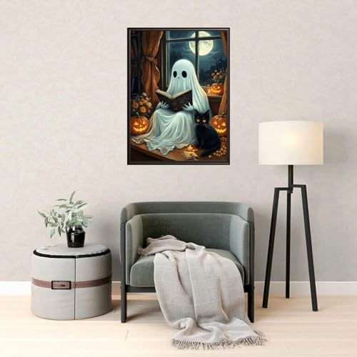 TYPUSOK Halloween Ghost Diamond Art Kits for Adults,Round Full Drill 5D Diamond Painting Kits for Beginners,Black Cat DIY Diamond Dots Pictures Gem Art Kit,Home Wall Decor 12x16in
