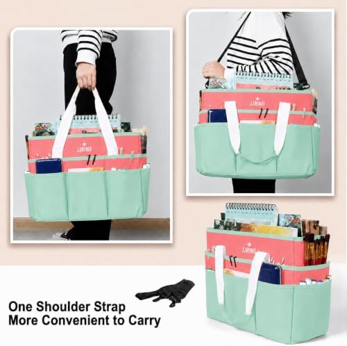 JJRING Craft Organizer Tote Bag Large Art Storage Caddy Green and Orange | With Multiple Pockets For Sewing, Scrapbooking, School, Medical, And Office Supplies