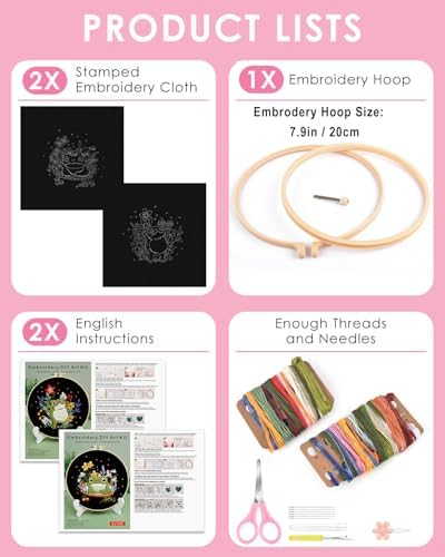 TINDTOP 2 Pack Embroidery Kit for Adult, Embroidery DIY Starter Kit, with Stamped Patterns, Hoop, Tools, Colorful Threads with Needles, Instructions (Frog)