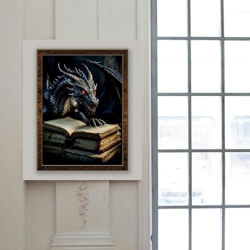 MBNTJHT DIY Dragon Diamond Painting Kits for Adults,5D Full Round Drill Diamond Art Kits for Adults Beginners,Black Dragon and Books Painting by Diamonds Kit Crafts for Home Decor Gifts 12X16 Inch.