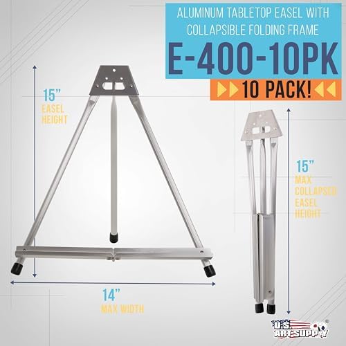 U.S. Art Supply 15" High Aluminum Tabletop Display Easel for Painting | 10-Pack, Adjustable Folding Stand, Portable Art Easel for Displaying Canvas, Whiteboards, Posters, Signs, Pictures, Paintings