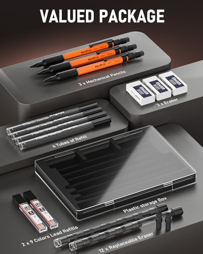 Nicpro 3 PCS 1.3 mm Mechanical Pencils Set with 66 Lead Refill, 3 Eraser
