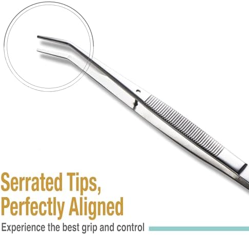 Beaditive 6-inch Sewing Machine Tweezers Set (10-PC) Serrated Bent Tips | Professional Grade, High Precision | Stainless Steel