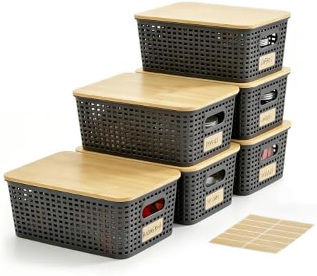 Bagnizer Small Plastic Storage Bins with Bamboo Lids 5.2qt Stackable Box Basket Pantry Decorative Containers Cute with Lable for Organizing Desktop Closet Office Gray of 6 packs 10 * 7.2 * 4.1"