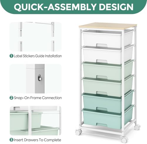 6 Drawer Rolling Storage Cart with Wooden Top and Wheels for Crafts,Green