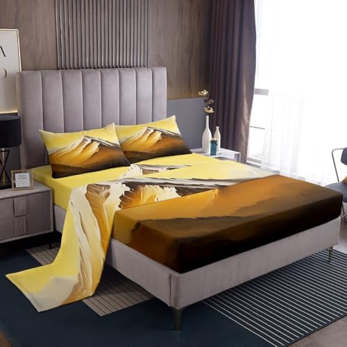 3D Golden Mountain Sheet Set Natural Landscape Scenery Bedding Set Natural Mountain Scenery Bed Sheets Teens Room Decor Golden Black (Twin Flat & Fitted Sheet with 1 Pillow Case)