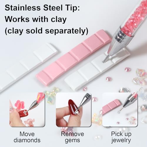 Rhinestone Picker Tool,2 Wax Pencil for Rhinestones, Dual-Ended Rhinestone Applicator Wax Pen Gem Picker Tool with 6 Extra Wax Tips and 2 Tweezers (Pink+White)
