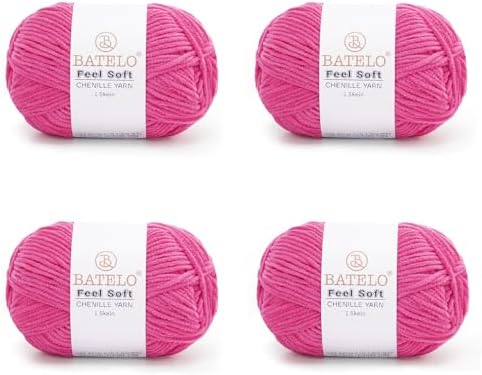 Thin Chenille Yarn for Crocheting & Knitting, Soft Plush Yarn for DIY Crafts, Amigurumi, Home Decor - 3 Light - 4 Pack of 1.7oz/142yds - Hot Pink