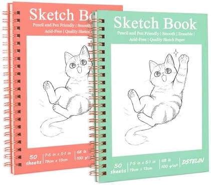 DSTELIN 2 Pack Hardcover Sketchbooks (100 GSM Sketch Paper), 7.5x5.1 Inch Spiral Sketch Book for Sketching, Drawing, Painting, 50 Sheets per Pack, Pink and Green