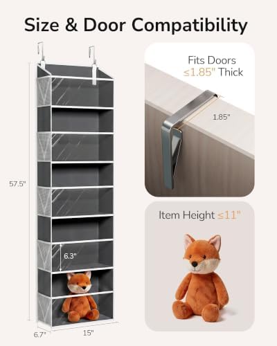 ULG Stuffed Animal Organizer Over the Door, Large Hanging Plush Toy Storage with Mesh Window, Cotton Kids Toy Organizer for Bedroom, Nursery, Playroom & Baby Items Dark Grey