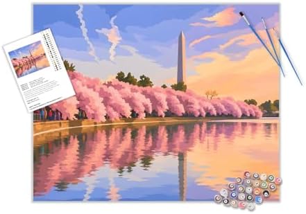 Washington Monument Cherry Blossoms Paint by Number, Washington D.C. Cityscape Paint by Numbers for Adults, Modern Urban Picture Canvas Acrylic Painting for Gift Home Decor(16×20inch, Unframe)
