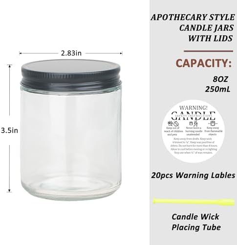MILIVIXAY 20 Pack 8 OZ Thick Glass Clear Candle Jars with All Black Metal Lids-Bulk Empty Candle Jars for Making Candles-Canning Jar for Spice, Liquid, Sample- Dishwasher Safe.
