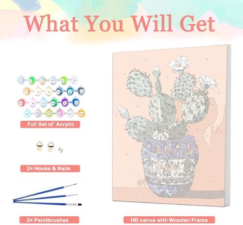Auremi Cactus Framed Paint by Number for Adults,DIY Flower Painting by Number Kits on Canvas Acrylic Oil Painting Kits for Adults Paint by Number Kits for Home Decor 20x30cm