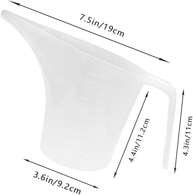 4 Pack Plastic Funnel Pitcher,Measuring Cup with Long Spout,Large Capacity Easy Pour Cup,Perfect for Bakeware Mold,Oils,Watering Plants(1000ml)