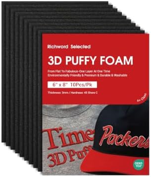 Poolin 3D Puff Embroidery Foam 3mm, 6x8 Inch, 10 Sheets, Black