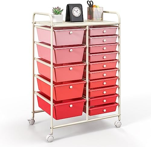 GOFLAME 15-Drawer Rolling Storage Cart, Craft Storage Cart with Removable Drawers & Lockable Wheels, Art Cart Supply Storage Organizer for Home Office Classroom, Pink Gradient