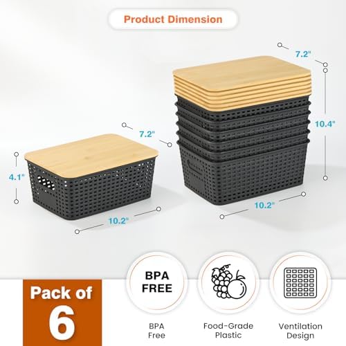 Ohmlove 6 Pack Plastic Storage Baskets with Bamboo Lids for Organization