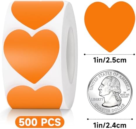Anwyll Heart Stickers - 500Pcs 1Inch Fall Thanksgiving Heart Stickers Orange Heart Shape Sticker for Reward Classroom Self Adhesive Love Incentive Sticker for Envelope Seal Card Birthday Wedding Favor